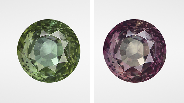 Change of color observed in an alexandrite.