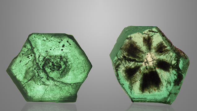 Double-sided emerald wafers from Swat with trapiche-type pattern