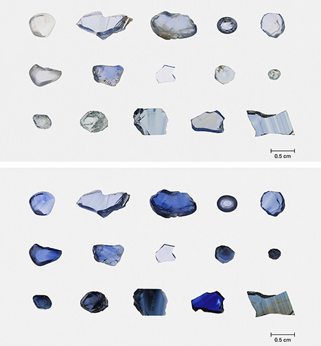 Blue sapphires before and after heat with pressure treatment.