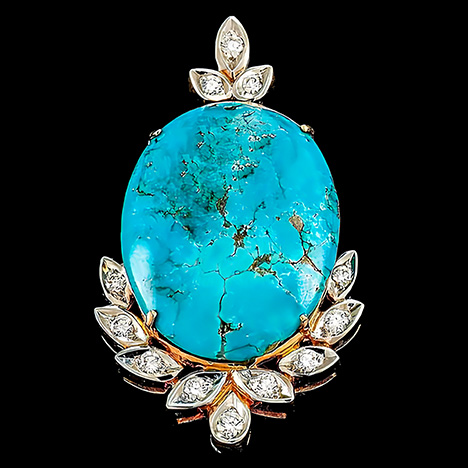 Neyshabur turquoise with spiderweb pattern, framed with diamond accents