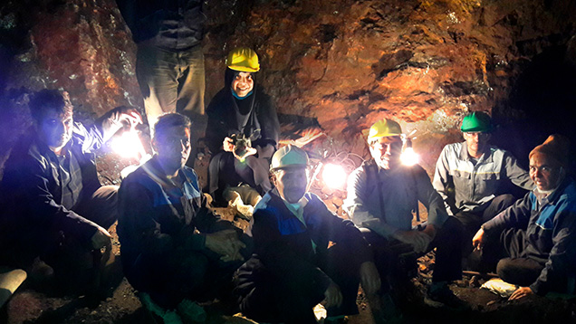 Bahareh Shirdam with miners in a tunnel at the Neyshabur mine