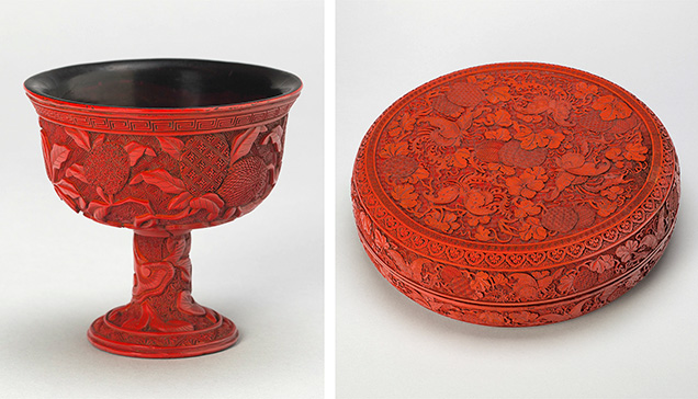 Chinese stem cup and box carved from cinnabar lacquer.