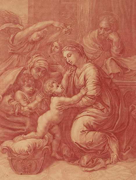Elisha Kirkall used chalk colored by red ochre to reproduce Raphael’s The Holy Family of Francis I. 