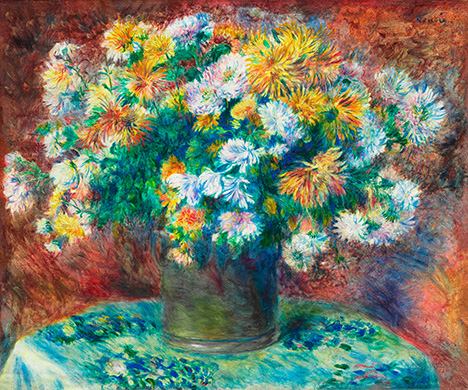 Renoir used green malachite pigment in Chrysanthemums.