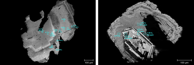 Cathodoluminescence images show growth zones in two diamonds from the Attawapiskat area of the Superior Craton (Canada).