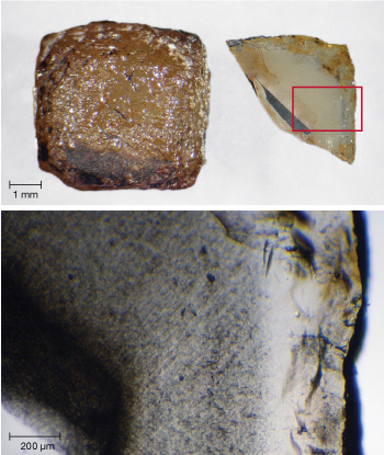 Cuboid diamond with cloudy fibrous coat; partial slice reveals internal structure.