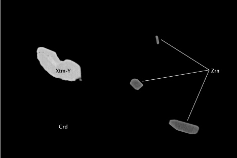 Figure 18. Zircon (Zrn) and xenotime-(Y) (Xtm-Y) inclusions in gem cordierite (Crd) from Blue Bear. Backscattered electron SEM image; field of view 150 μm.