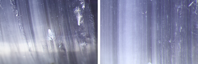 Figure 20. Magnified view of the 12.02 ct cat’s-eye iolite cabochon from Blue Bear. Note the variable inclusion density within the stone and the variable length of the acicular inclusions. Photomicrographs by Philippe Belley; fields of view 5.57 mm (left) and 2.81 mm (right).