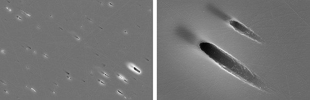 Figure 21. Secondary electron images of a chatoyant Blue Bear iolite that was polished to crosscut the acicular inclusions. The images clearly show that the elongated cylindrical inclusions consist of fluid inclusions and are not filled with any solid material. Fields of view 200 μm (left) and 15 μm (right).