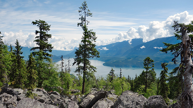 Figure 3. View of Arrow Lake from the talus at the Blue Arrow iolite occurrence. Photo by D.J. Lake.