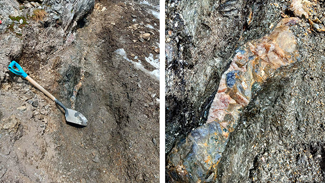 Figure 6. Cordierite-bearing quartz vein (approximately 10 cm wide) cutting gedrite-cordierite rocks at the Blue Bear occurrence. Photos by Herb Hyder.