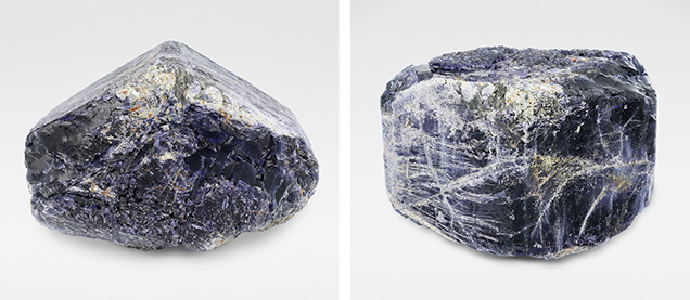 Figure 7. Large, euhedral cordierite crystal containing facetable and cabochon-quality sections. Note the deformation-induced fractures visible on prism faces in the photo on the right. The crystal measures 11.3 cm wide. Photos by Philippe Belley.