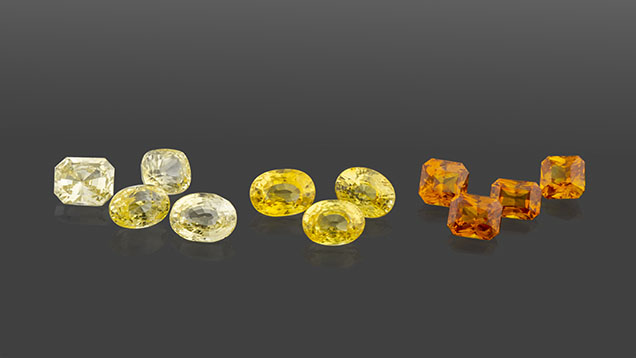 Figure 14. Sri Lankan yellow sapphires ranging from 1.0 to 2.5 ct. The seven on the left are natural, and the four on the right are heat treated. Photo by Ronnakorn Manorotkul/Lotus Gemology; courtesy of Chaiyut Rungutaitawornsuk.
