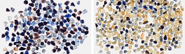 Figure 27. Left: A group of run-of-mine deep blue sapphires from Kings Plain, New South Wales, Australia, with an average stone size of 4–5 mm. Right: The same group of sapphires after beryllium diffusion. Photos by John L. Emmett.