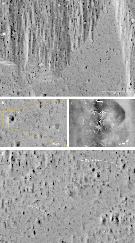 Figure 12. Combined SEM-BSE images of enlarged areas of a prism face, showing small-scale porosity. A: The edge of an etch pit with elongated C-type etch pits. The smooth surface is a prism face near the etch pit. B and C: Enlarged part of the prism face, showing anhedral pores measuring several hundred nanometers. D: A surface with very small grains of gold with silver, copper, and iron impurities, as well as titanium dioxide (chemical composition determined by EDS).