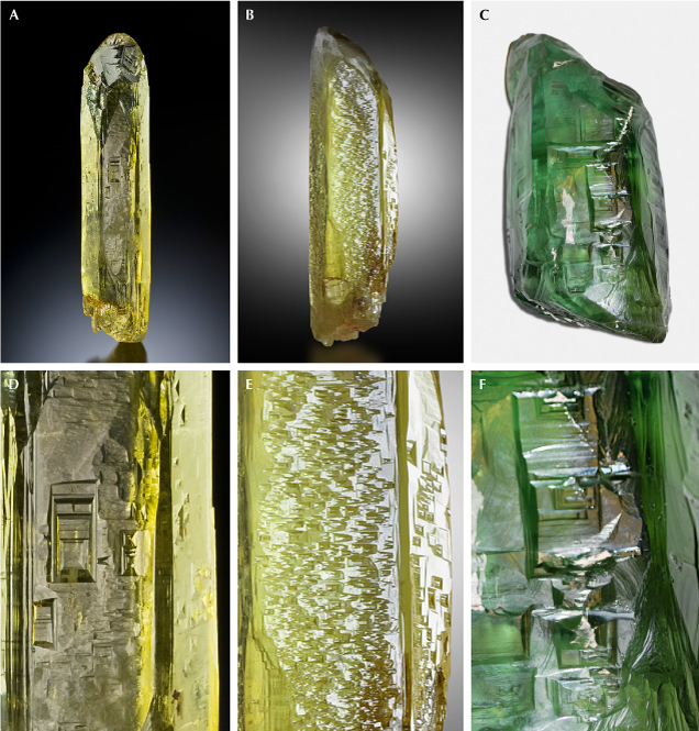 Figure 1. Yellowish green heliodor and green beryl from Volyn, oriented with the <em>c</em>-axis vertical (top row) and detail views of the prismatic faces (bottom row). A and D: An 8.5 cm crystal with well-developed prismatic faces and strongly sculptured end faces; the detail view shows F-type etch pits elongated parallel to the <em>c</em>-axis. B and E: Transition from prismatic face (1.8 cm wide) to sculptured pyramidal face with triangular hillocks (compare with the SEM image in figure 10); the detail view shows dominantly asymmetrical P-type etch pits. C and F: A 2.683 kg deep green crystal measuring 18 &times; 10 &times; 9 cm with rectangular F-type etch pits, mostly oriented perpendicular to the <em>c</em>-axis. The samples in A and B are from the collection of Peter Lyckberg. The sample in C, named &ldquo;Professor Pavly&shy;shyn,&rdquo; is from the Museum of Precious and Decorative Stones in Khoroshiv. Photos by Peter Lyckberg (A and B) and Gerhard Franz (C).