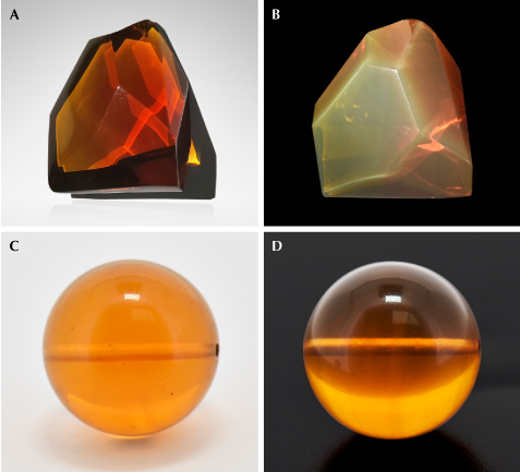 Figure 2. A and B: A 78.51 ct chameleon amber exposed to white light against white and black backgrounds. C and D: A 12.50 ct brownish reference sample exposed to similar lighting and backgrounds. Photos by Jinfeng Yang.