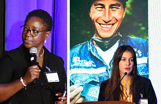 Figure 2. Left: Abigail Sibanda describes efforts by the Marange Women&rsquo;s Alliance to help women and girls in Zimbabwe. Right: Laura Galvis (ARM) speaks about Fairmined-certified projects combining gold mining and agriculture in Colombia. Photos courtesy of RJT.