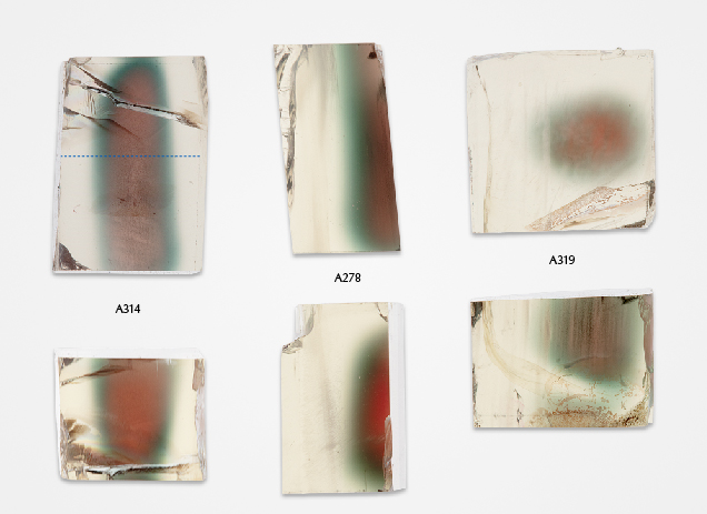 Figure 13. Three Oregon sunstone crystals show typical “watermelon” colors from two different directions. The third direction of each sample only displays a light red color with no obvious zoning and is therefore not shown in the figure. The cracks in sample A314 were accidentally created during sample preparation (which is why it did not affect the color zoning as in sample A319). The dashed line on sample A314 indicates the position of the LA-ICP-MS analysis traverse. Photos by Shiyun Jin.