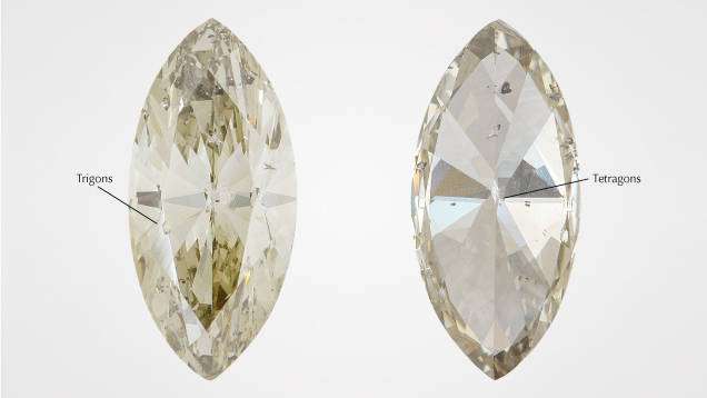 Figure 1. Table (left) and pavilion (right) views of a chameleon diamond with visible trigons and tetragons. The trigons and tetragons are shown in more detail in figures 2 and 3. The diamond measures 1.28 cm in length. Photo by Adriana Robinson.