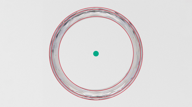 Figure 2. OpenCV software was used to draw perfect circles from the center of the ring, marked by a green dot. Photo by Towfiq Ahmed.