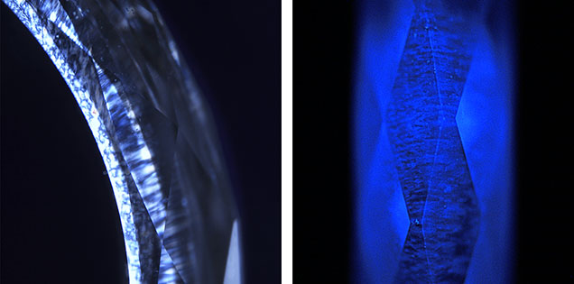 Figure 3. Strong birefringence observed under cross-polarized light (left) and blue fluorescence observed in the DiamondView (right). Images by Paul Johnson (left) and Madelyn Dragone (right).