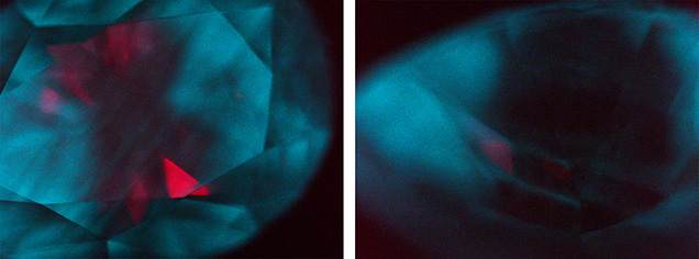 These deep-UV (<225 nm) phosphorescence images of the table (left) and pavilion (right) in a 0.90 ct D-color natural diamond with very low boron showed localized areas of the 500 nm (greenish blue) and 660 nm (red) bands. Images by Evelina Goldort.