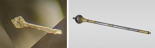 This etch channel seen in the crown facets of a 1.00 ct diamond with SI<sub>1</sub> clarity (left) resembled a <em>gada</em> (right), a mace-like weapon wielded by the Hindu god Hanuman. Photomicrograph (left) by Deepak Raj; field of view 0.80 mm. Photo (right) courtesy of the Metropolitan Museum of Art.