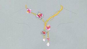 Srushti Shah’s design sketch for a necklace featuring 18K yellow gold, baroque pearls, diamonds, light pink garnets, and colored glass enamel.