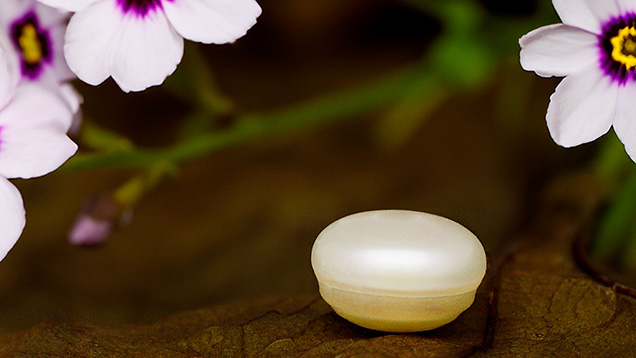 Figure 1. The white natural freshwater pearl measuring 5.74 × 3.98 mm and weighing 0.97 ct. Photo by Gaurav Bera.