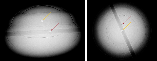 Figure 2. Left: RTX imaging from the side reveals a near-round metallic core (yellow arrow) surrounded by growth arcs and a small metal feature within the drill hole (red arrow). Right: RTX imaging from the top reveals slight distortion to the metal core and a small metal feature embedded inside the wall of the drill hole.