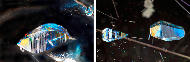 Left: This anatase crystal with a well-formed tetragonal habit in a Brazilian quartz shows adamantine luster and diffraction colors due to its high refractive index. Right: The crystals of anatase, one of the polymorphic forms of titanium dioxide, are associated with rutile needles shown in darkfield and oblique fiber-optic illumination. Photomicrographs by Liviano Soprani; field of view 1.8 mm.