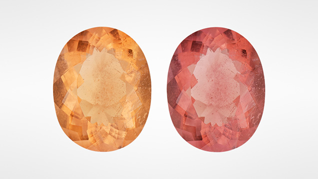 Figure 2. The 2.83 ct orange sodalite exhibited short-lived tenebrescence after brief exposure to long-wave UV. Photos by Towfiq Ahmed.