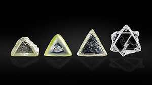 Figure 1. Examples of contact-twinned macle diamond crystals from South Africa. Left to right: a flat triangular macle with limited resorption (sample 11; 0.357 ct); an extensively resorbed variant of a flat triangular macle (sample 12; 0.411 ct); a very elongated flat macle with stacking growth layers on the octahedral faces, showcasing sharp edges and pointed apex corners (sample 13; 0.553 ct); a six-pointed star-shaped, poorly resorbed flat macle (sample 14; 0.747 ct). Photo by Tetsuya Chikayama; courtesy of Suwa & Son, Inc.