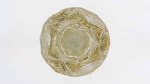 Figure 1. This 3.49 ct yellow diamond with a diameter of ~7 mm exhibits a unique shape due to a combination of growth and dissolution features. Photo by Cristiano Ferraris.