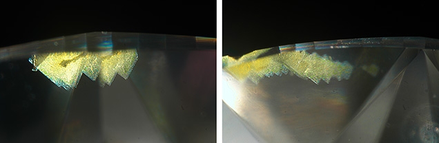 Figure 2. The same clouds appeared as a row of triangular spikes when viewed from a different direction through the pavilion. Photomicrographs by Forozan Zandi; fields of view 1.42 mm (left) and 1.58 mm (right).
