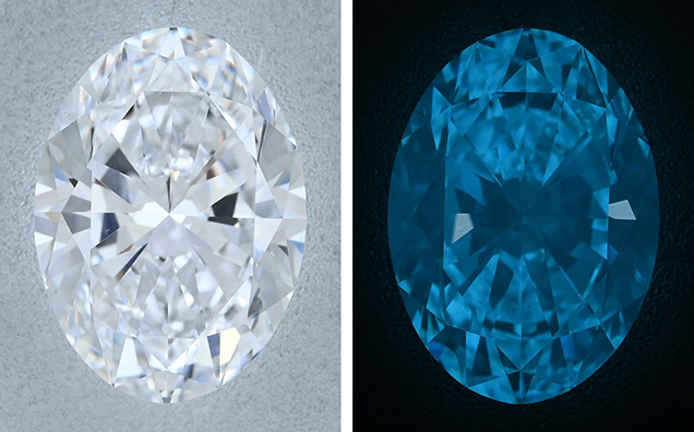 Figure 1. The 2.50 ct diamond under white LED lighting of 6500 K (left) and in a dark environment around 10 s after deep-UV excitation to showcase its phosphorescence (right). Photos by Nick “Ka Chun” Chan.