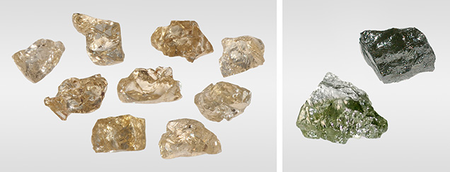 Figure 14. Left: Rough yellow 480 nm band diamonds from the Chidliak kimberlite field in Canada. Right: Rough chameleon diamonds submitted to GIA for analysis. All of these diamonds have irregular morphologies. Photos by Mei Yan Lai (left) and GIA staff (right).