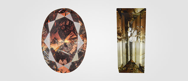 Figure 3. Some 480 nm band diamonds may have distinct color zoning and appear bicolored. Photos by GIA staff.