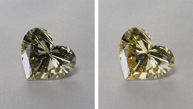 Figure 5. A chameleon diamond changes color from grayish green (left) to yellow (right) after heating. Photos by Robert Weldon.