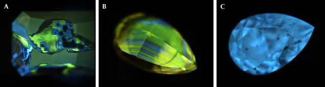 Figure 8. Surface fluorescence patterns in 480 nm band diamonds include those with blocky fluorescence zones (A), alternating blue and yellow fluorescence bands (B; the dark circle in the image is the DiamondView instrument’s sample holder), and evenly distributed blue fluorescence (C). Images by Mei Yan Lai.