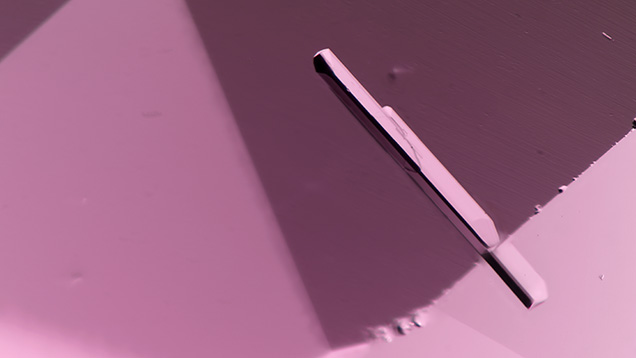 A prismatic pargasite crystal against the pink faceted background of its spinel host. Photomicrograph by Tyler Smith; field of view 1.76 mm.