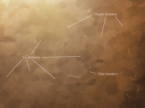 Figure 4. The polished surface of Russian white nephrite sample ELS27 showed icy domains (darker grains), cloudy domains (lighter grains), and claw lineation under oblique illumination with a sodium light source. Photomicrograph by Meiyu Shih; field of view 6.90 mm.