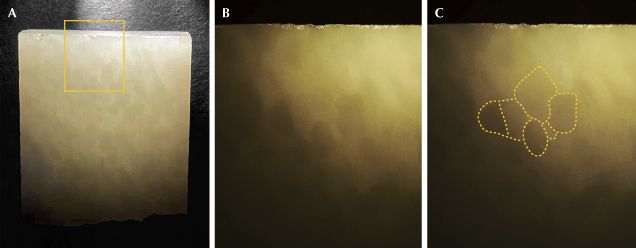 Figure 5. Nephrite sample ELS27 illuminated laterally by a flashlight. B is a magnified view of the area indicated by the rectangle in A, showing clearer contours of the grains, while C further outlines the grain shapes with yellow dashed lines. Photos by Meiyu Shih; fields of view 2.73 cm (A) and 0.774 mm (B and C).