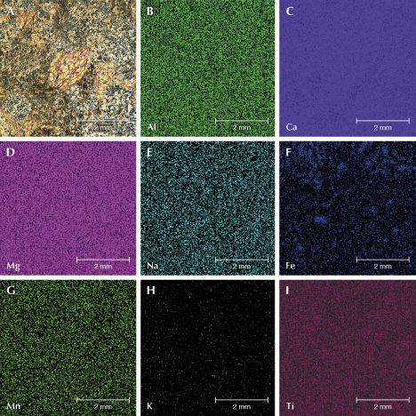 Figure 9. Photomicrograph and corresponding micro-XRF elemental maps of the same area of white nephrite sample ELS27. A: The analyzed domain of the white nephrite (cross-polarized illumination). Photomicrograph by Meiyu Shih; field of view 5 mm. B–I: Element maps of aluminum, calcium, magnesium, sodium, iron, manganese, potassium, and titanium, respectively. According to A, the observed heterogeneity in the iron content in F may indicate the occurrence of a late-stage filling phase. Other element maps indicate a nearly homogeneous chemical composition within the same area of the thin section.