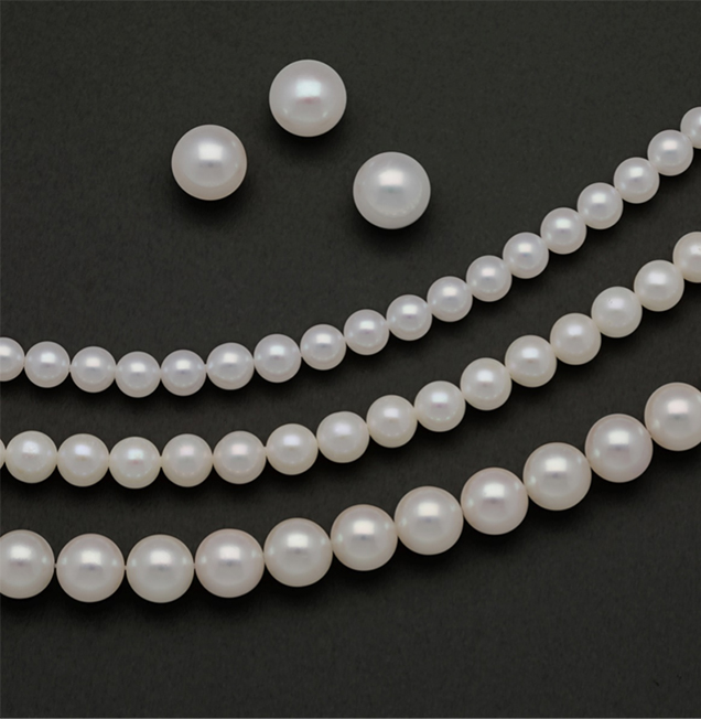 Three loose white freshwater pearls above three strands of freshwater and akoya cultured pearls of varying sizes 