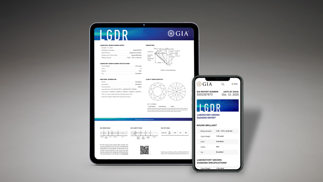 GIAによる新しいLGDRでは、4Cのカラーとクラリティの特徴を記載。上の写真は、デジタル専用のGIAラボラトリー グロウン ダイヤモンド レポート。写真提供：GIA。