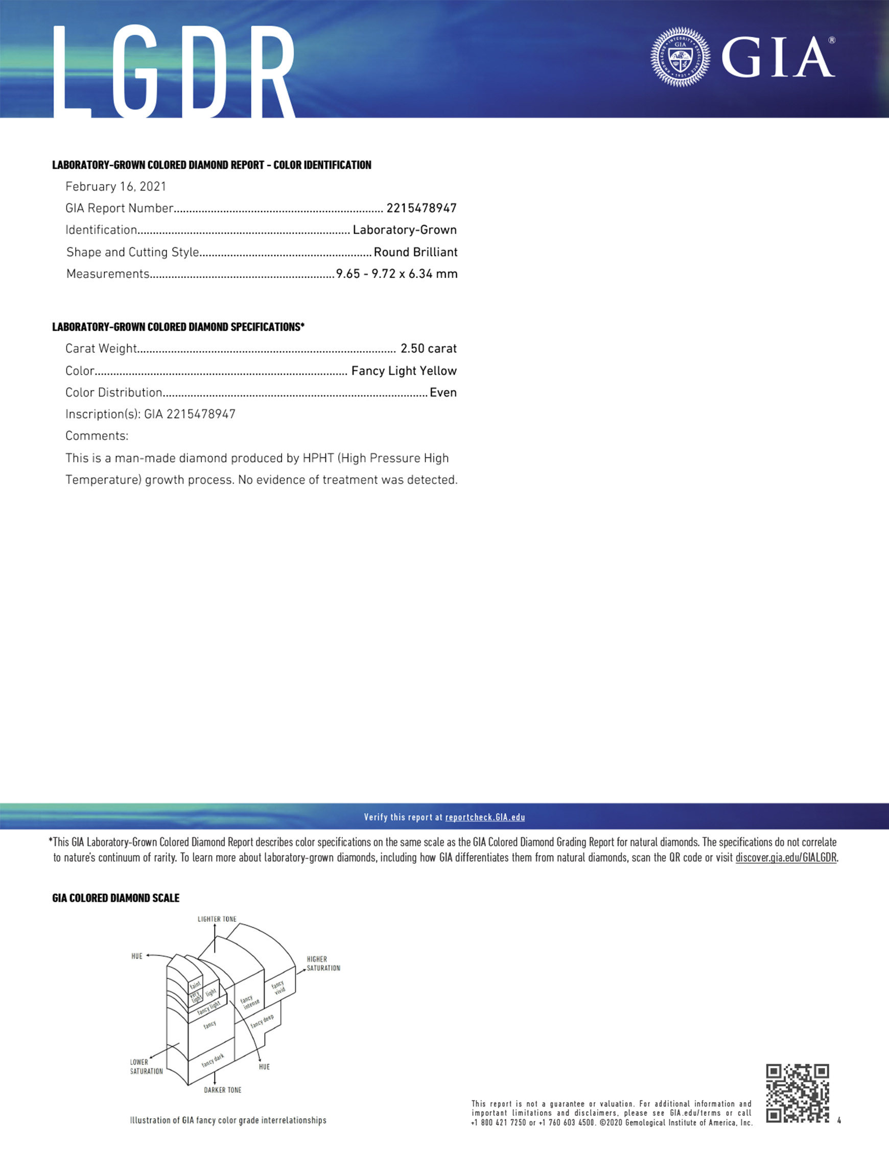 Sample Laboratory-Grown Diamond Report Color ID