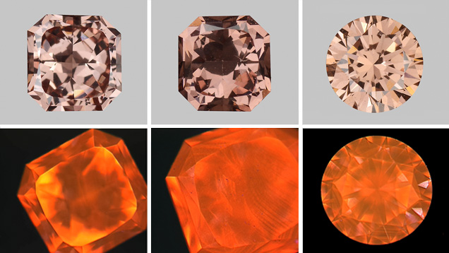 3石のLPHTアニールCVD合成ダイヤモンド：ファンシーディープブラウニッシュオレンジィピンク（帯褐帯橙ピンク色）の0.37ct（左上）、ファンシーディープブラウンピンクの0.31ct（中央上）、ファンシーブラウンピンクの0.25ct（右上）。 これらのDiamondView画像（下段）は、線形成長条線のあるオレンジ色の蛍光を示している。