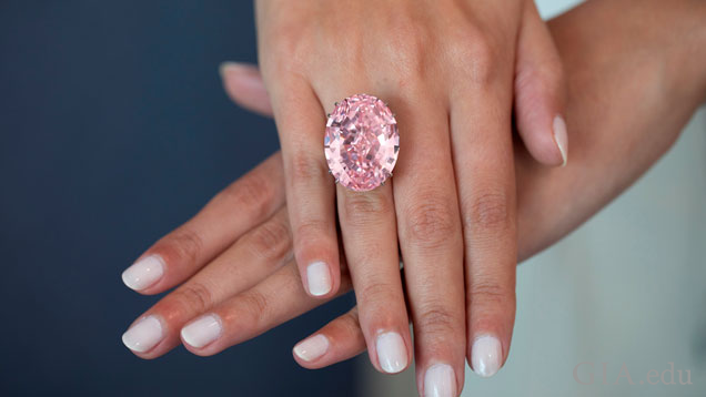 The 59.60 ct mixed-cut oval CTF Pink star diamond is displayed on a woman’s hands.  It is wider than her ring finger.